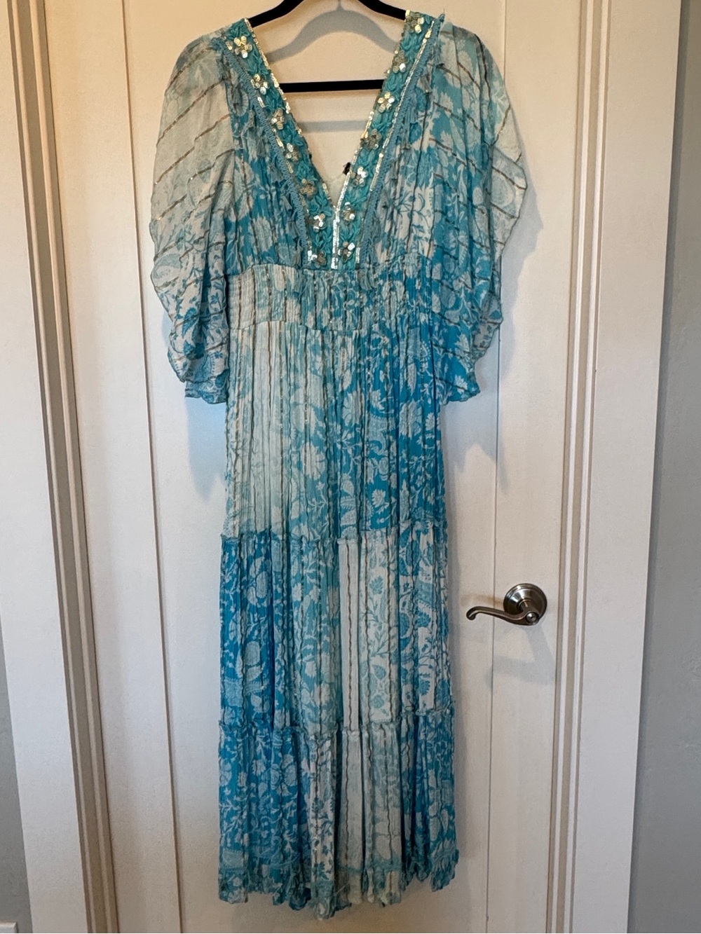 Anthropologie Me 2 Magic Blue Boho Sequin Maxi Dress, Small